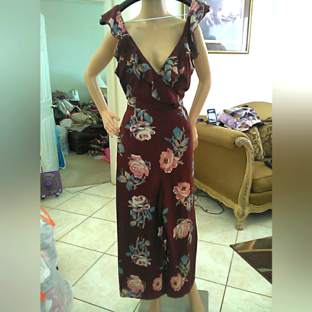 BNWOT "Show Me Your MuMu" BROWN W/ Florals JUMPSUIT RUFFLED SHORT SLV. SZ. LG